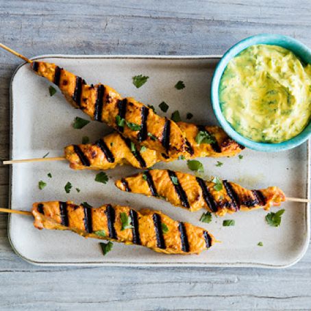 Tandoori Salmon Skewers with Cucumber Raita