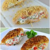 Panko Crusted Chicken Stuffed with Ricotta, Spinach, Tomatoes, and Basil