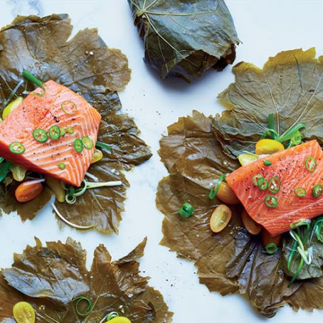 Grape Leaf-Wrapped Salmon with Serrano-Scallion Sauce