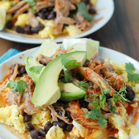 Spicy Shredded Pork Breakfast Tostadas