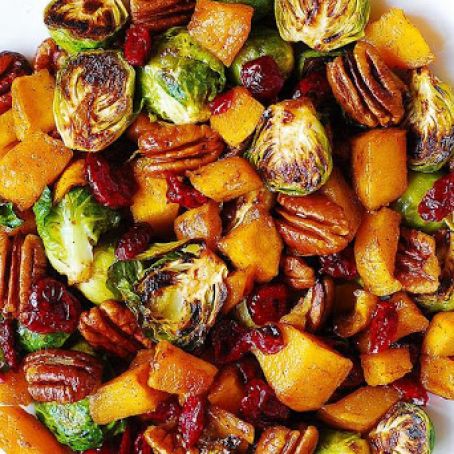 Roasted Brussels Sprouts, Cinnamon Butternut Squash, Pecans, and Cranberries