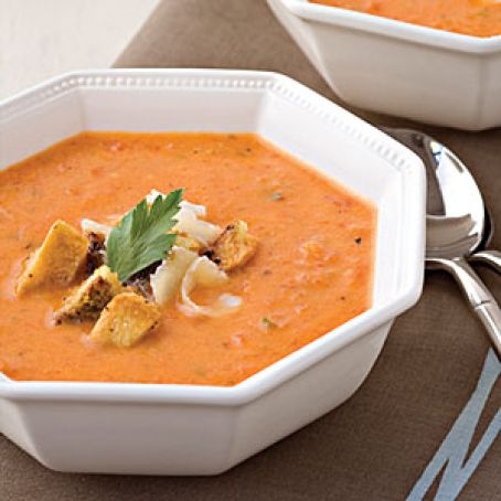 Recipes » Roasted Red Pepper Soup With Pesto Croutons Roasted Red Pepper Soup With Pesto Croutons