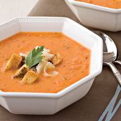 Recipes » Roasted Red Pepper Soup With Pesto Croutons Roasted Red Pepper Soup With Pesto Croutons