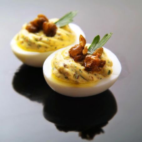 Deviled Eggs with Fried Capers, Lemon & Parsley