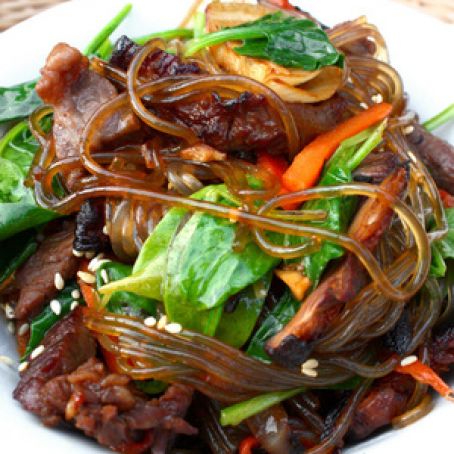 Chap Chae (Stir-Fried Sweet Potato Noodles With Beef, Spinach And Sesame Seeds)