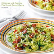 Fettuccine with Pancetta, Pine Nuts & Arugula Sauce