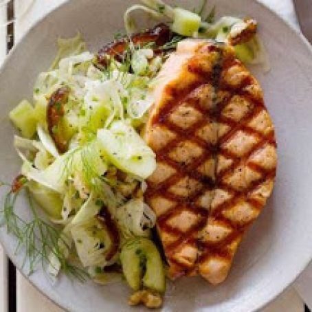 Grilled Salmon with Smashed Cucumber-Date Salad