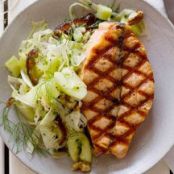 Grilled Salmon with Smashed Cucumber-Date Salad