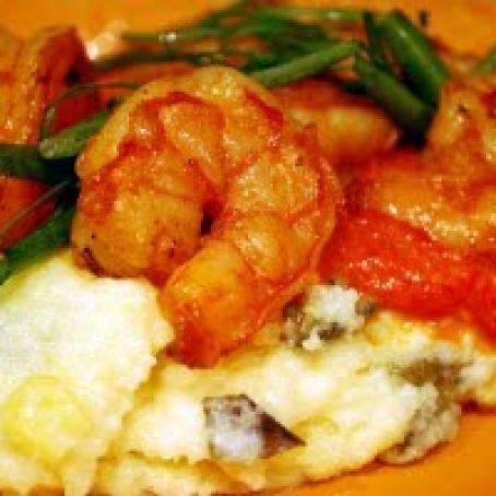 Grilled Shrimp with Poblano Polenta with Red Pepper Sauce