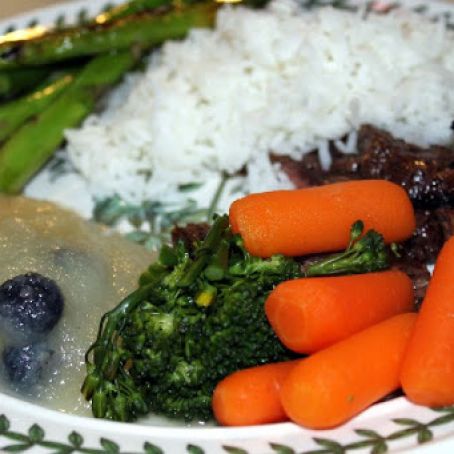 Adobe Skirt Steak with Rice, Carrots, Broccolini, Grilled Asparagus, Blueberries and Applesauce