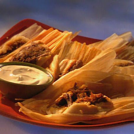 Red Chili Brisket Tamales with Cilantro Sour Cream