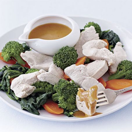 Poached Chicken and Vegetables with Thai Peanut Sauce