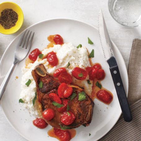 Pork Chops With Cheesy Grits and Jammy Tomatoes