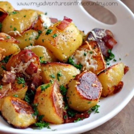 Oven Roasted Potatoes with Bacon, Garlic and Parmesan