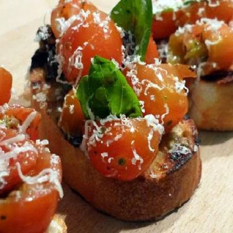 Squashed Cherry Tomato and Smashed Olive Bruscetta