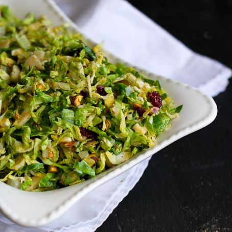 Shredded Brussels Sprouts with Pistachios, Cranberries & Parmesan