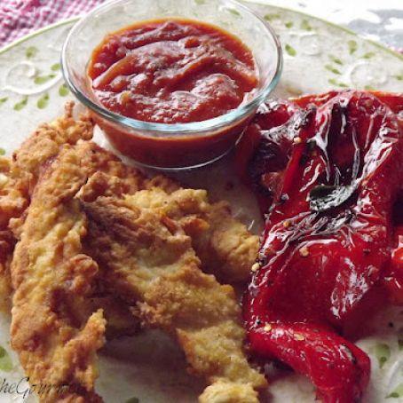 Fried Chicken Strips, Fried Red Bell Pepper Salad, Orange -Tomato Dipping Sauce