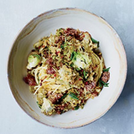 Spaghetti with Brussels Sprouts and Sausage Breadcrumb Topping
