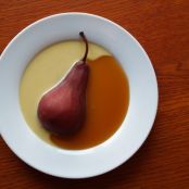 Pears poached in red wine with crème anglaise and caramel