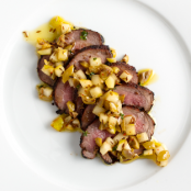 Cocoa-Cured Lamb Loin with Olive-Pear Relish