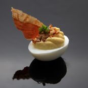 Deviled Eggs Benedict (Ham and Brown Butter English Muffin Crumbs)