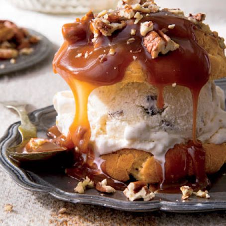 Decadent Cream Puffs with Praline Sauce and Toasted Pecans