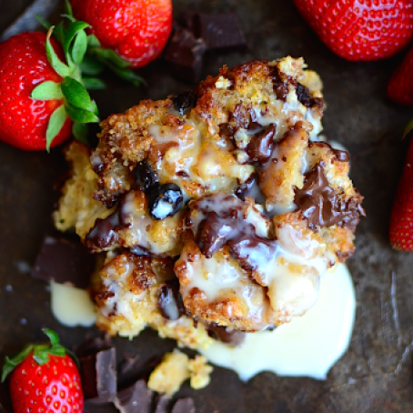 Sourdough Bread Pudding with Chocolate Chunks and Vanilla Cream Sauce