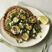 Roasted Zucchini Flatbread with Hummus, Arugula, Goat Cheese & Almonds