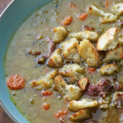 Hearty split pea soup with cheesy croutons