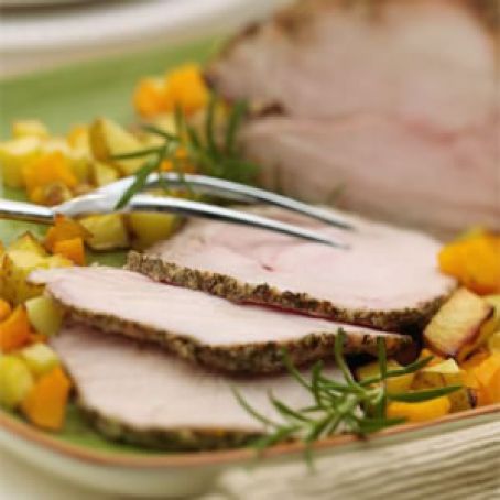 Rosemary & Garlic Crusted Pork Loin with Butternut Squash & Potatoes