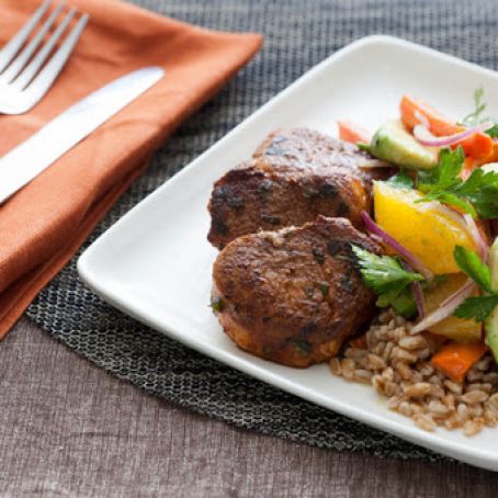 Seared Pork Tenderloin Medallions with Roasted Carrot, Avocado & Orange Salad over Farro