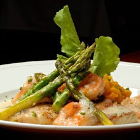 Catch of the Day & Shrimp with Lime-Ginger Sauce On Pumpkin & Sweet Potato Mash