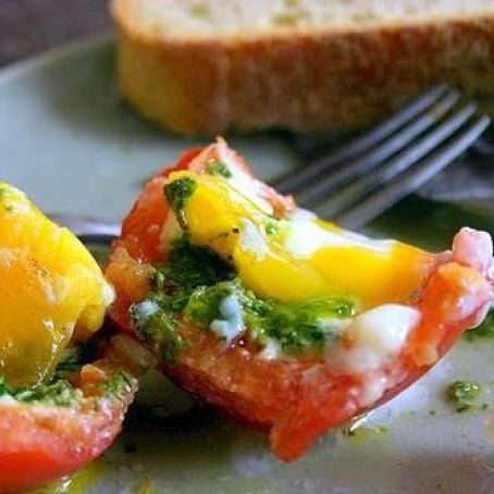 romaine pesto and egg-stuffed tomatoes