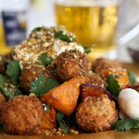 CRISPY, CRUNCHY BUTTON MUSHROOMS AND ROAST SWEET POTATO SALAD