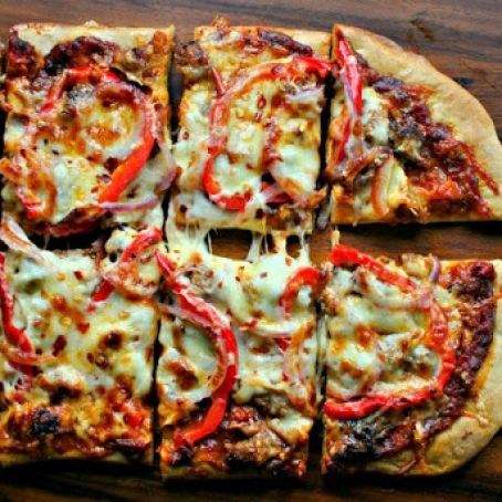 Spicy Three Cheese + Italian Sausage and Red Pepper Pizza