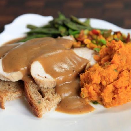 Soy and Cider Brined Turkey on Toast Points with Maple-Soy Gravy