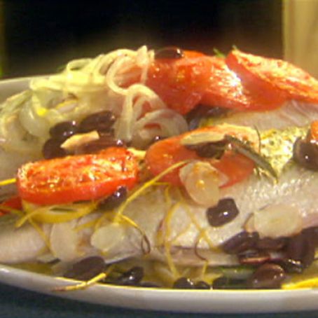 EASY BAKED STRIPED BASS WITH TOMATOES, ROSEMARY AND OLIVES
