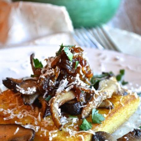 Fried Polenta with Carmelized Onion and Mushrooms