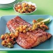 SPICED BROWN SUGAR SALMON WITH PEACH-KIWI SALSA