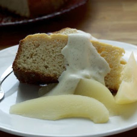 Buttermilk Cake with Riesling Poached Pears and Sweetened Créme Fraîche