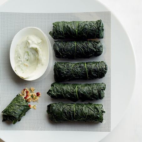 Stuffed Kale with Bulgur Tabbouleh and Lime Yogurt Dip
