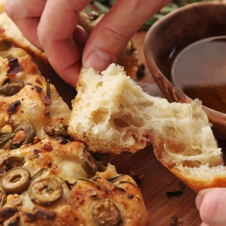 Easy No-Knead Olive-Rosemary Focaccia With Pistachios