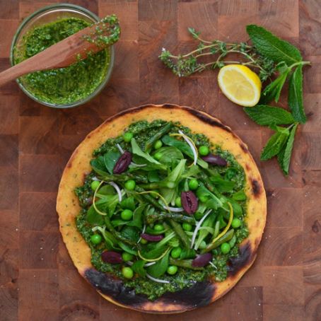 Pizza:Socca Flatbread with Spring Pesto and Salad