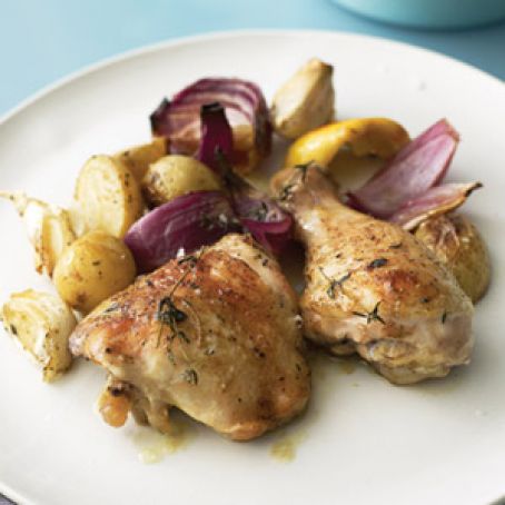 Baked Chicken with Onions, Potatoes, Garlic, and Thyme