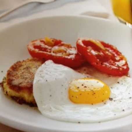 Fried Eggs and Tomatoes on Scallion Potato Cakes