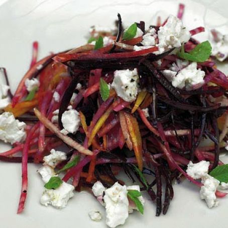 Crunchy raw beetroot salad with feta and pear