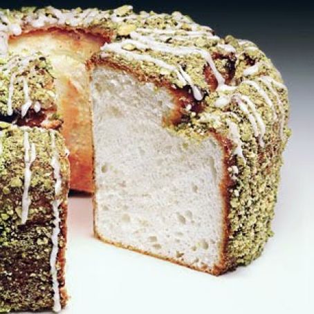 Lime Angel Food Cake with Lime Glaze and Pistachios