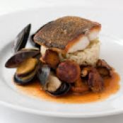 Crispy skin kampachi, mussels, risotto bianco, chanterelle, pimentón mussel broth