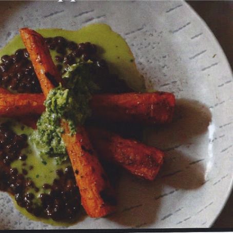 Whole Roasted Carrots with Black Lentils and Green Harissa