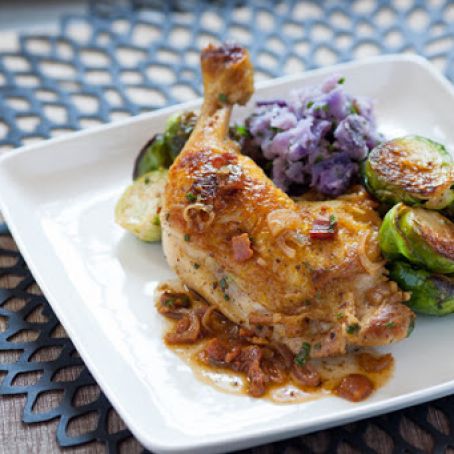 Pan-Seared Chicken Legs with Purple Smashed Potatoes, Brussels Sprouts & Warm Bacon Vinaigrette